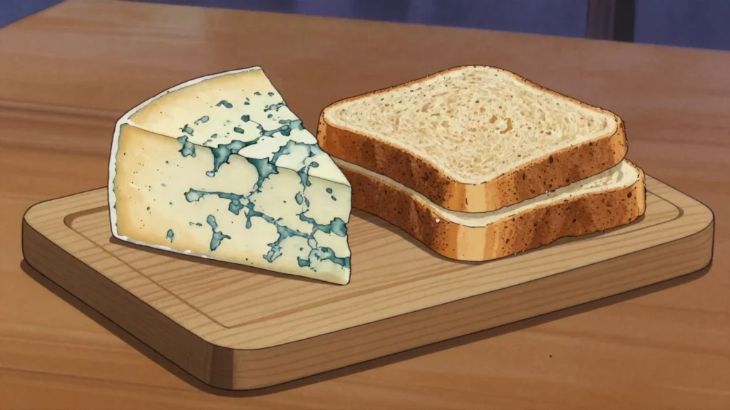 Cashel Blue, creamy blue cow's milk cheese from Tipperary, spread on soda bread, Ireland cheese & dairy, anime style