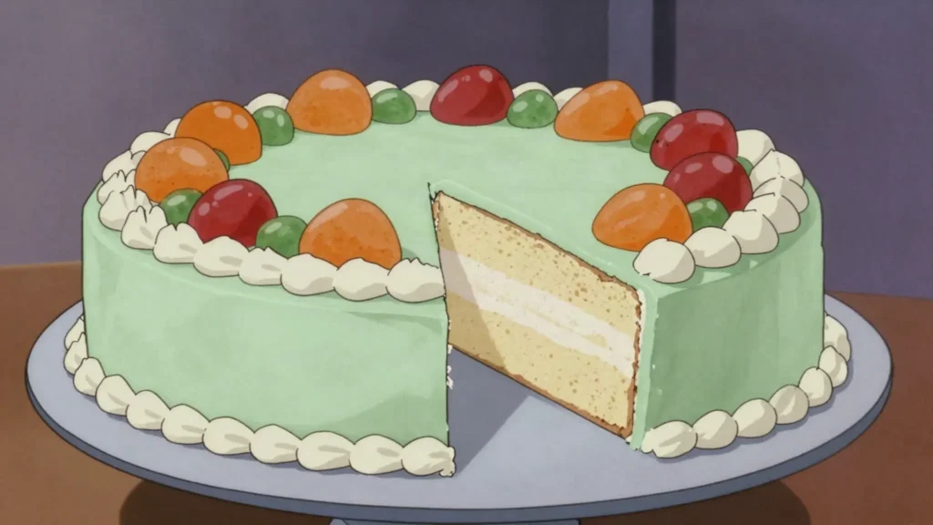 Cassata siciliana, sponge and sweet ricotta cake sheathed in green marzipan and candied fruit, Italy dessert, anime style