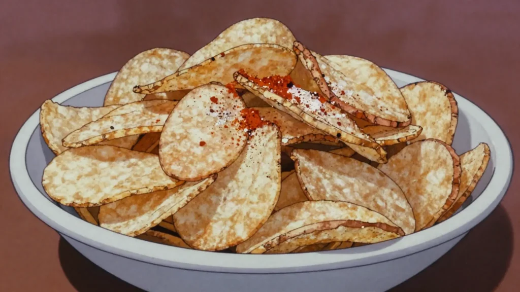 Cassava Chips, thin cassava slices deep-fried crisp and salted; sold in market bags, Fiji snack, anime style