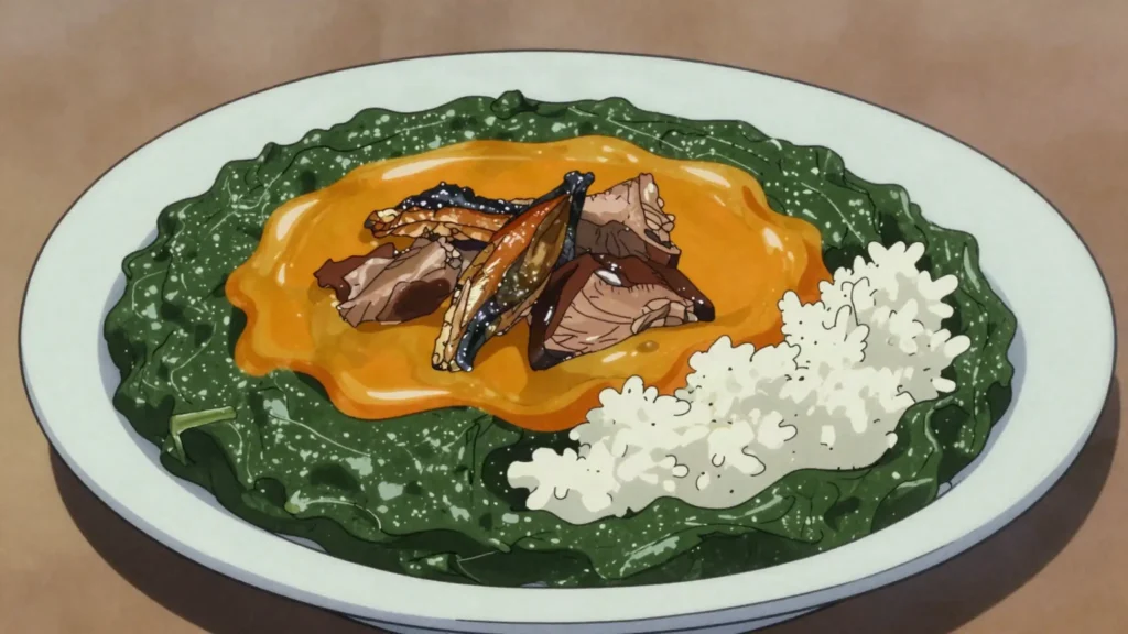 Cassava leaf, finely pounded cassava leaves with palm oil, meat and dried fish, Liberia soup & stew, anime style