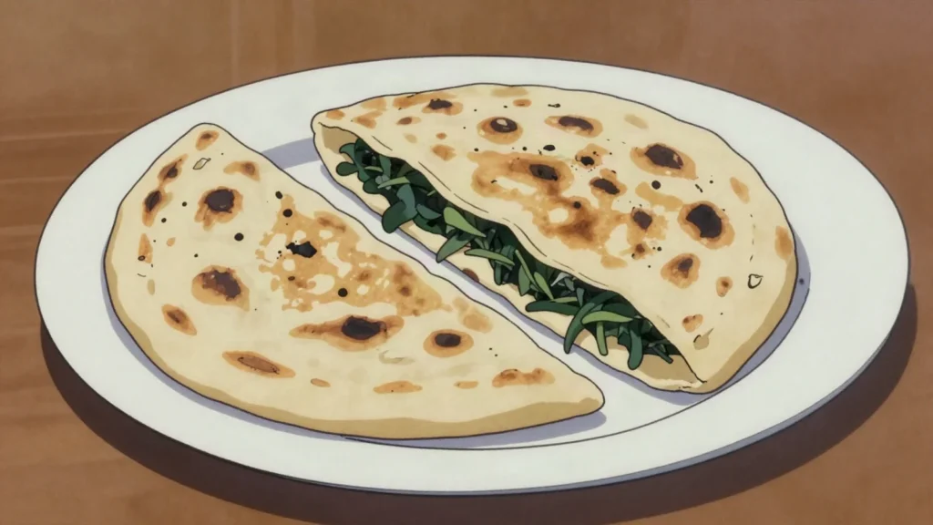 Cassone, piadina folded over greens or cheese and griddled shut, eaten hot, San Marino street food, anime style