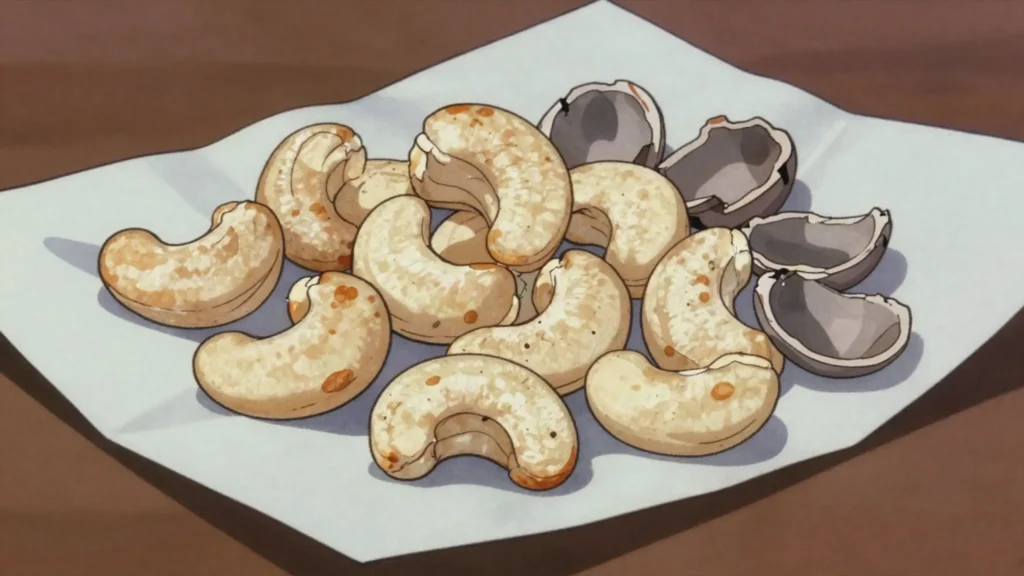 Castanha de caju, cashews roasted over fire and cracked from their shells by hand, Guinea-Bissau snack, anime style