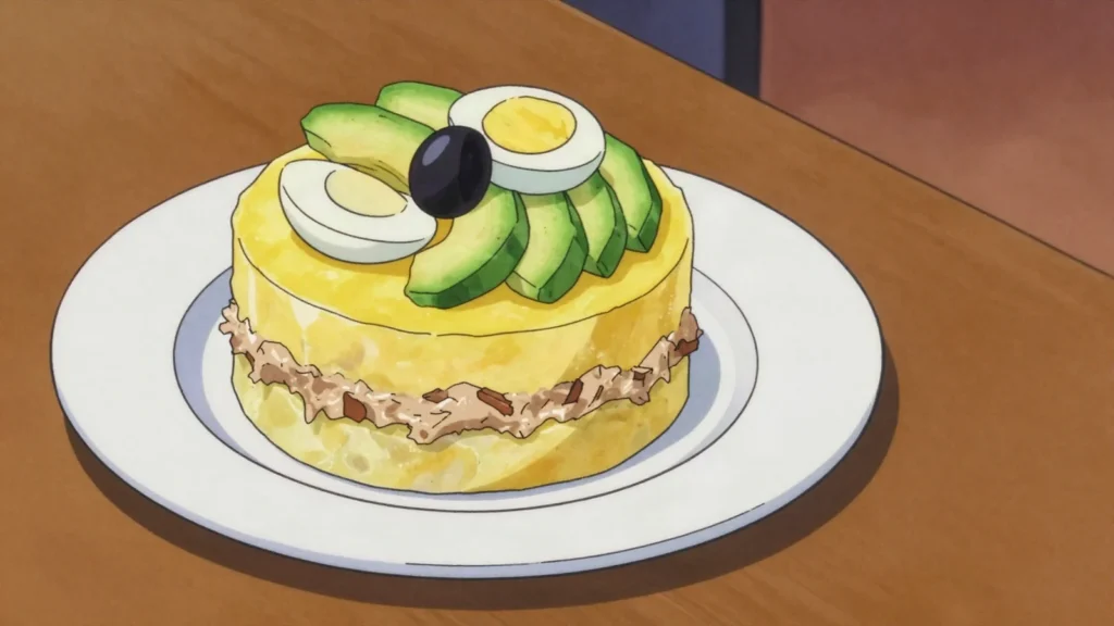 Causa, layered lime-and-ají potato terrine filled with tuna or chicken, Peru salad & side, anime style