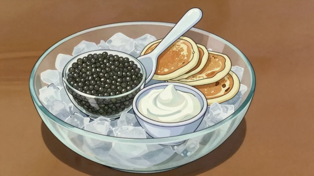 Caviar, salted sturgeon roe eaten on blini with sour cream, Russia charcuterie & cured, anime style