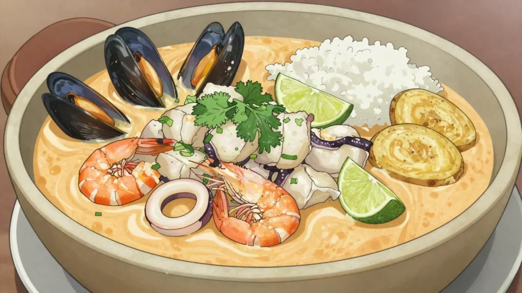 Cazuela de mariscos, creamy coconut-milk seafood casserole from the Caribbean coast, Colombia soup & stew, anime style