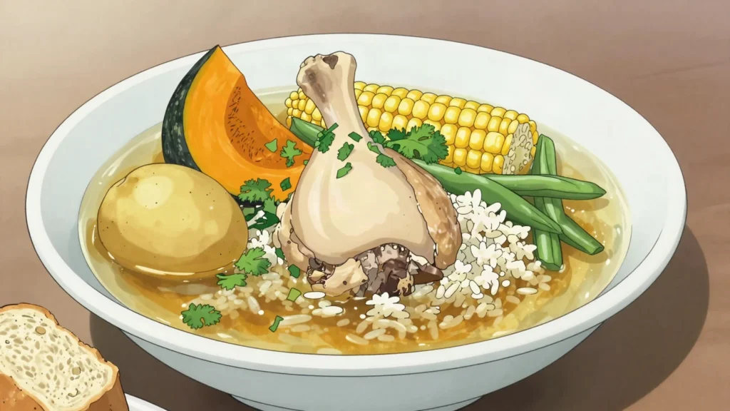 Cazuela, clear stew of beef or chicken with potato, squash, corn cob, Chile soup & stew, anime style