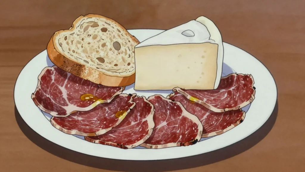 Cecina de León, smoked, air-dried beef sliced thin like ham, deep red and lean, Spain charcuterie & cured, anime style