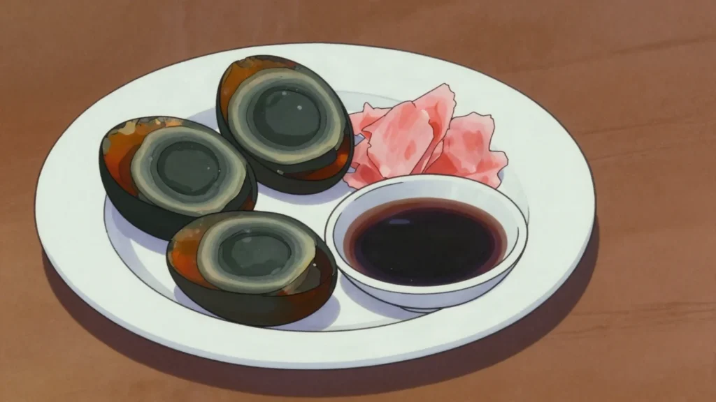 Century Egg, duck egg cured in alkaline clay until the yolk turns dark green and, China fermented & pickled, anime style