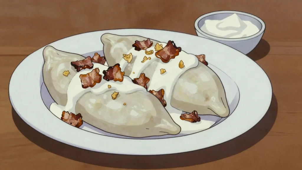 Cepelinai, zeppelin-shaped potato dumplings stuffed with meat, bacon-cream sauce; national dish, Lithuania main, anime style