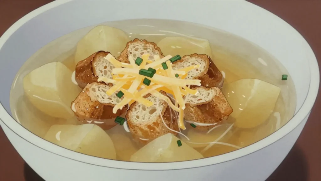 Česnečka, restorative garlic broth with croutons and cheese, Czechia soup & stew, anime style