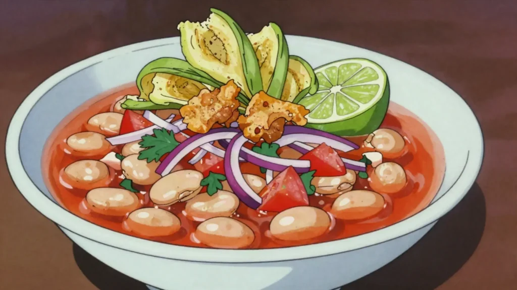 Ceviche de chochos, lupin beans in lime and tomato with plantain chips and pork rind, Ecuador street food, anime style