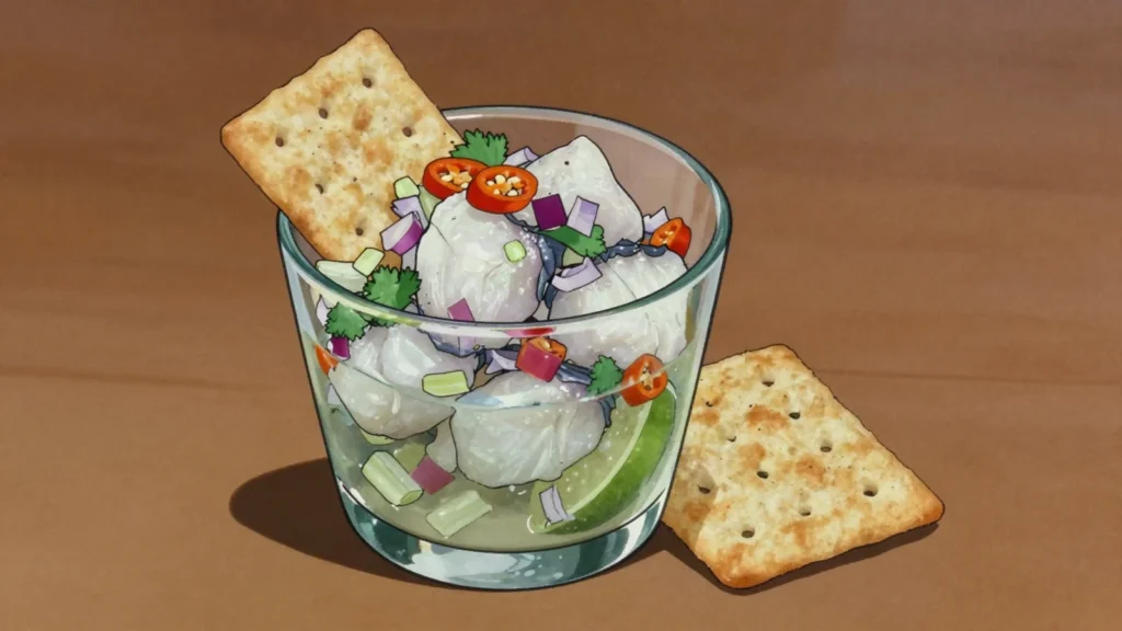 Ceviche de corvina, sea bass marinated in lime, onion, and hot pepper, Panama snack, anime style