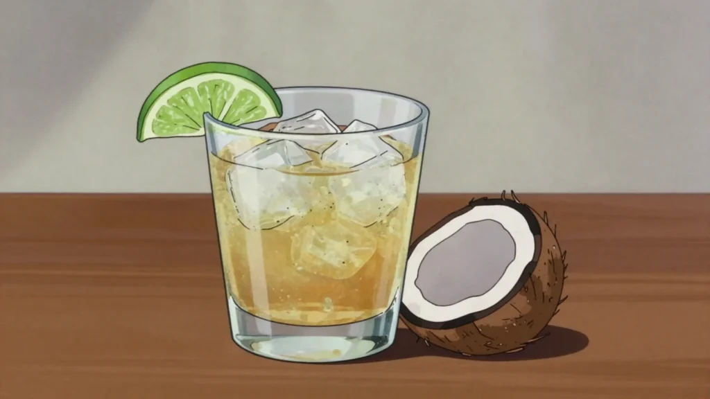 Ceylon Arrack, golden spirit distilled from coconut palm toddy and aged in halmilla, Sri Lanka wine & spirit, anime style
