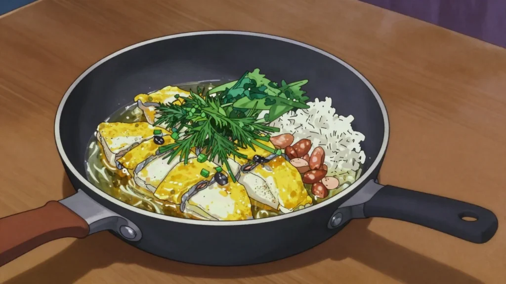Cha Ca La Vong, turmeric fish fried at the table with mountains of dill and spring onion, Vietnam main, anime style