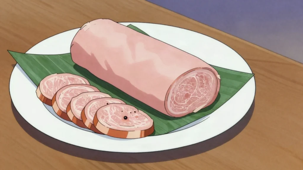 Cha Lua, pork pounded to a paste, wrapped in banana leaf and steamed into a, Vietnam charcuterie & cured, anime style