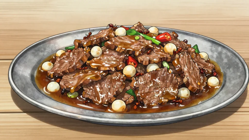 Cha Sremoch, beef stir-fried with red tree ants and their eggs, sour and peppery, Cambodia main, anime style