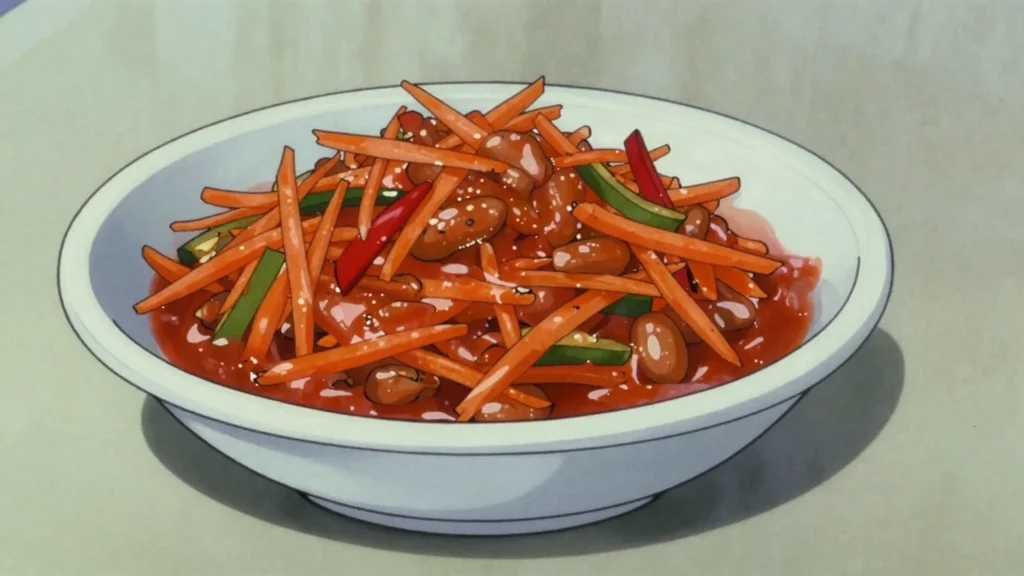 Chakalaka, spicy relish of grated carrot, beans, onion and curry powder, Eswatini salad & side, anime style