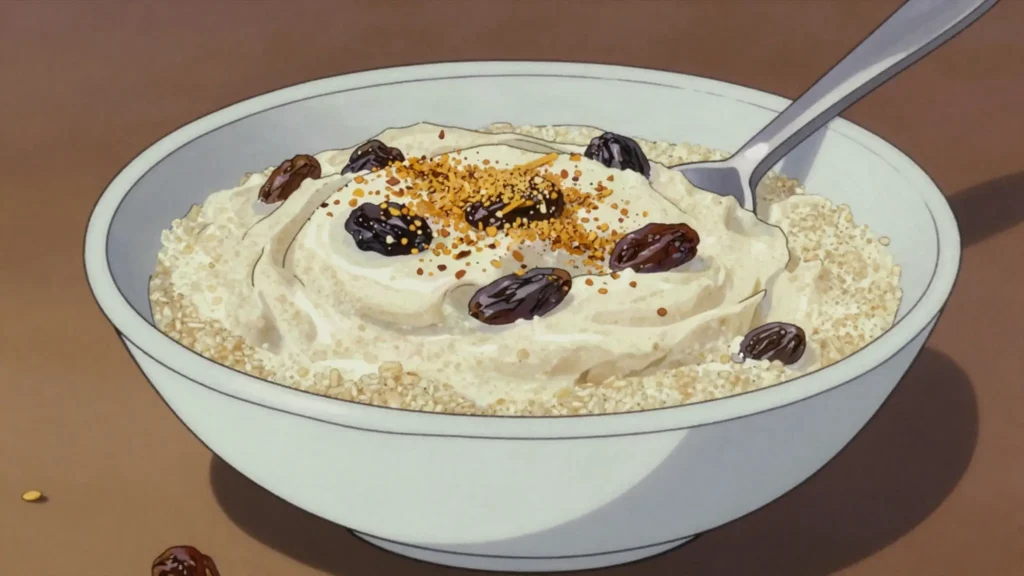 Chakery, sweet millet couscous stirred into yogurt and soured cream, Gambia dessert, anime style