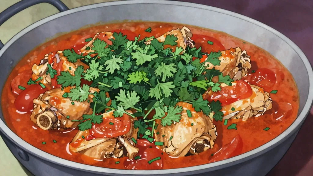 Chakhokhbili, chicken stewed with tomatoes and huge handfuls of fresh herbs, Georgia soup & stew, anime style