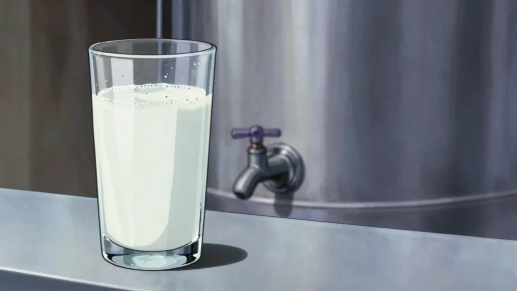 Chalap, salted sour milk thinned with water, sold cold from street tanks, Kyrgyzstan drink, anime style