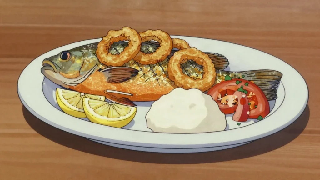 Chambo, lake Malawi tilapia grilled or fried whole, national favorite, Malawi main, anime style