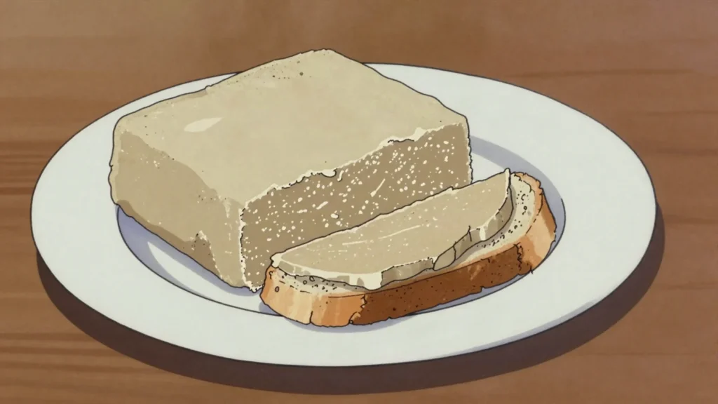 Chamia, crumbly sesame halva pressed into blocks and sliced onto bread, Tunisia dessert, anime style