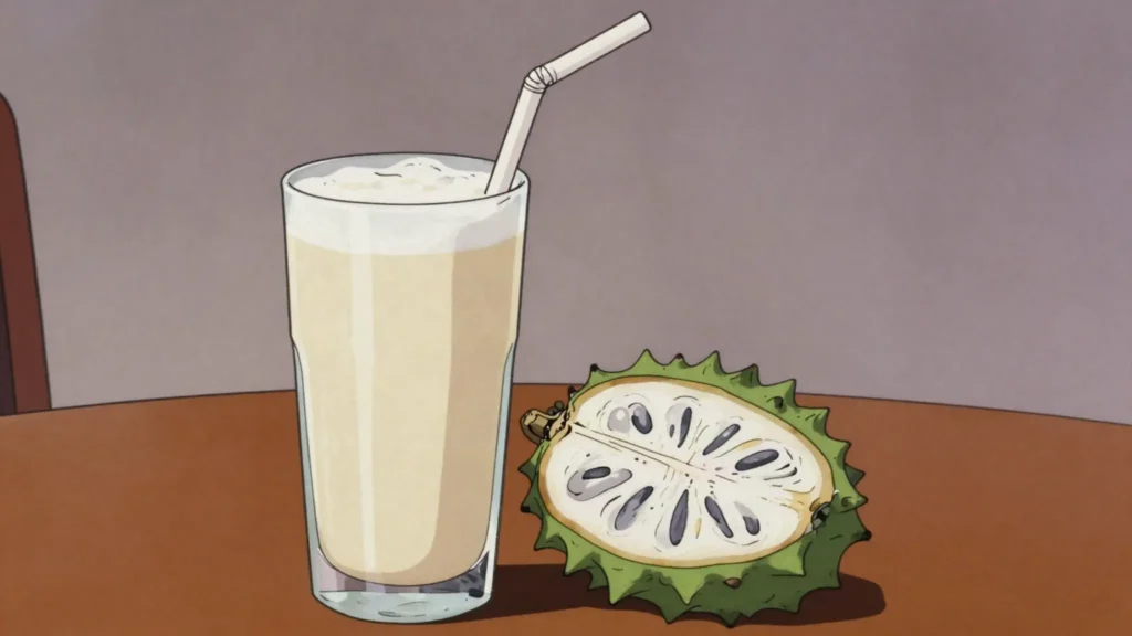 Champola, soursop pulp blended with milk, sugar and ice into a cold froth, Cuba drink, anime style
