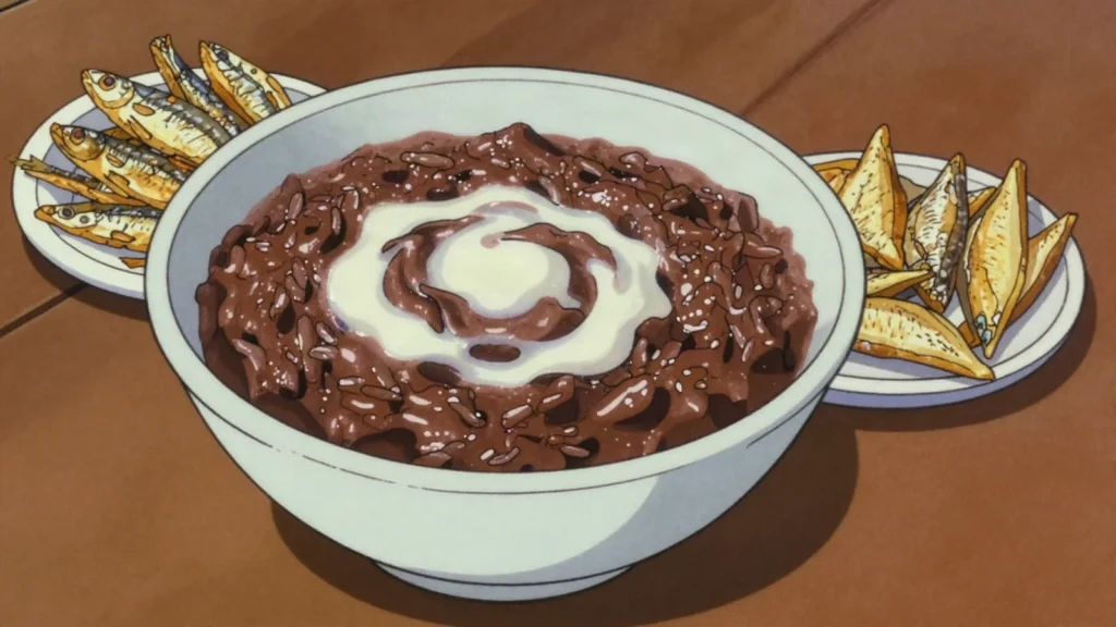 Champorado, chocolate rice porridge eaten with salted dried fish on the side, Philippines breakfast, anime style