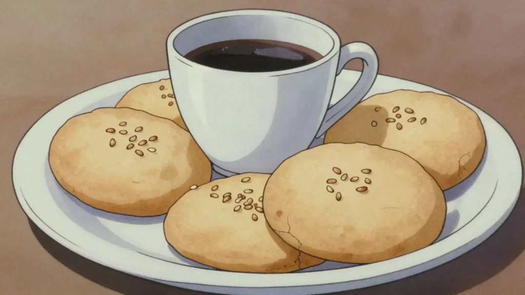 Champurradas, large flat sesame cookies dunked in coffee or chocolate, Guatemala bread & pastry, anime style