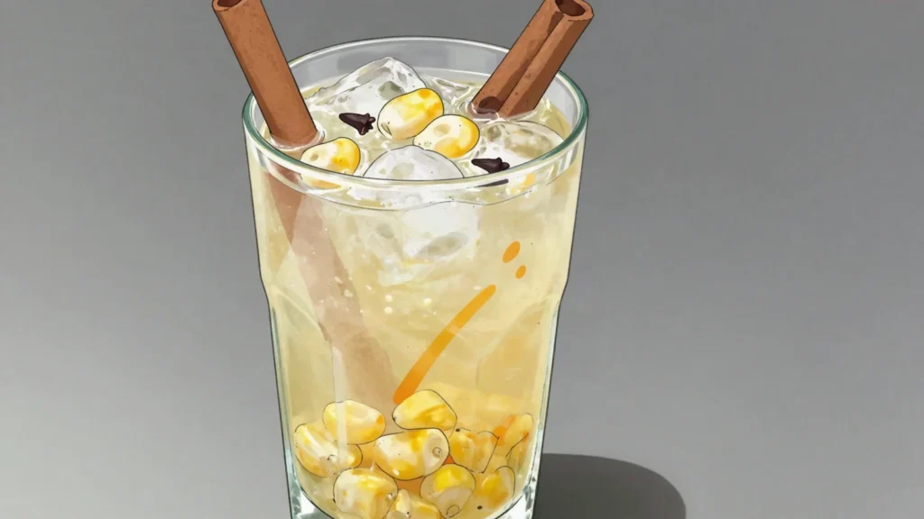 Champús, cold maize drink with lulo, pineapple, panela, clove and cinnamon, Colombia drink, anime style