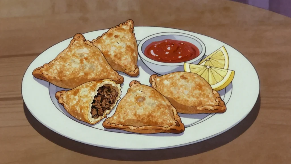 Chamussas, crisp meat or vegetable samosas, Indian Ocean heritage, Mozambique street food, anime style