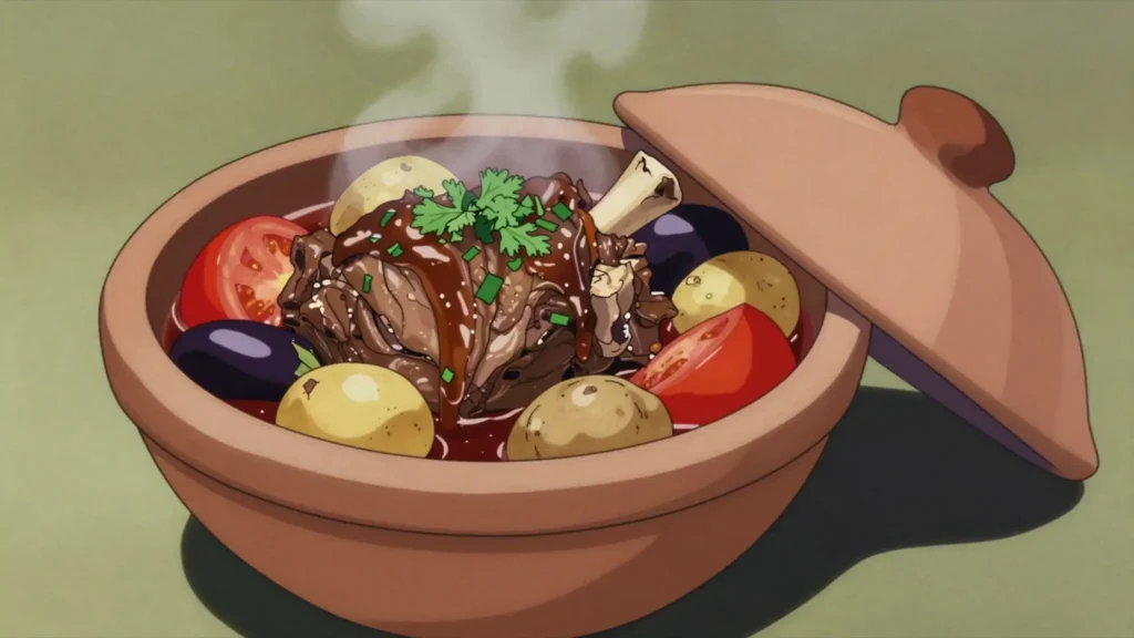 Chanakhi, lamb baked slowly in a clay pot with aubergine, tomato and potato, Georgia soup & stew, anime style