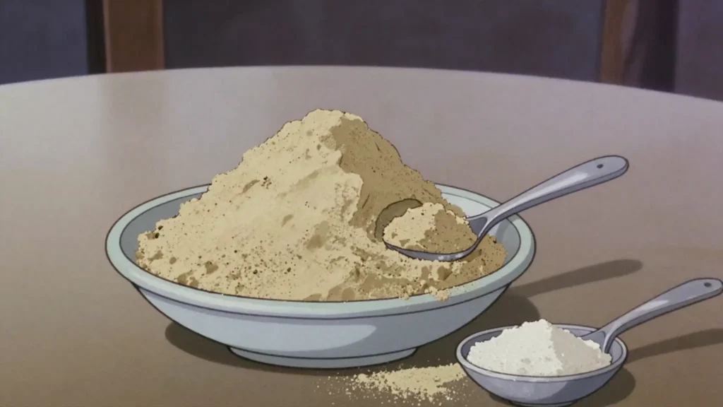 Chanm chanm, toasted maize ground to powder, eaten dry with sugar or milk, Haiti snack, anime style