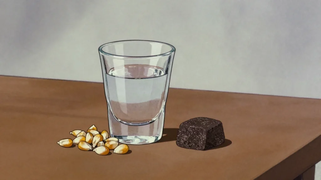 Chaparro, clear maize moonshine distilled in the countryside, drunk in shots, El Salvador wine & spirit, anime style