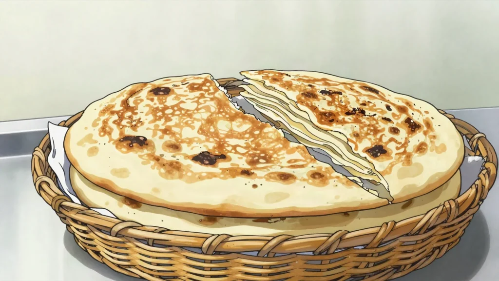 Chapati, oiled wheat flatbread rolled thin and fried on a flat pan, Uganda bread & pastry, anime style