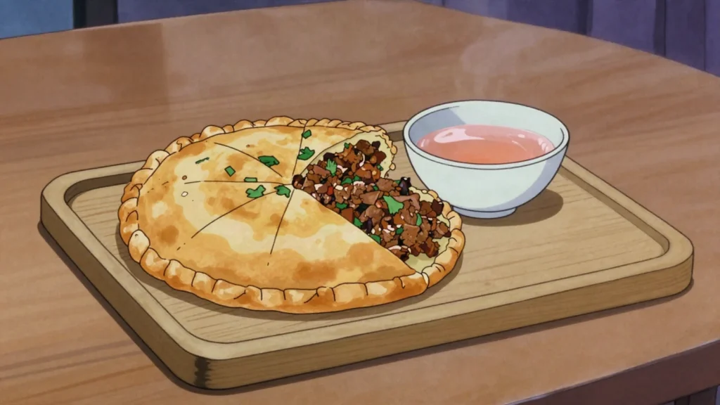 Chapshuro, baltistan meat pie: minced mutton or yak sealed in dough and griddled, Pakistan street food, anime style
