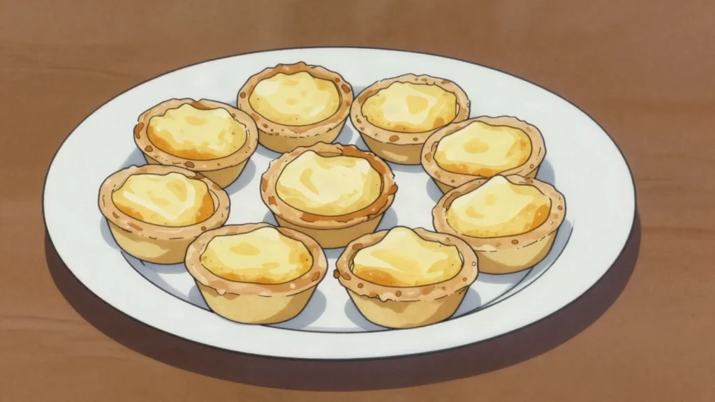 Chäschüechli, small cheese custard tartlet eaten warm from a bakery counter, Switzerland snack, anime style