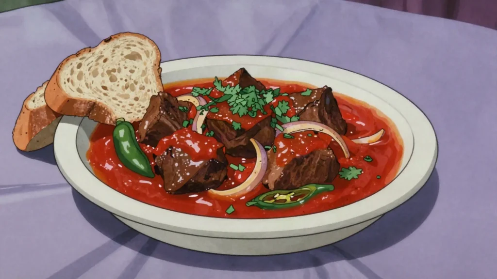Chashushuli, veal or beef braised with tomato, onion, chilli and coriander, Georgia soup & stew, anime style