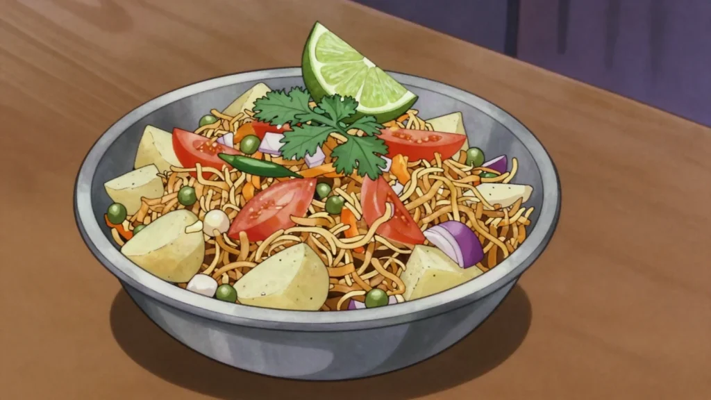 Chatpate, puffed rice tossed with noodles, lime, chilli and raw onion, mixed to order, Nepal street food, anime style