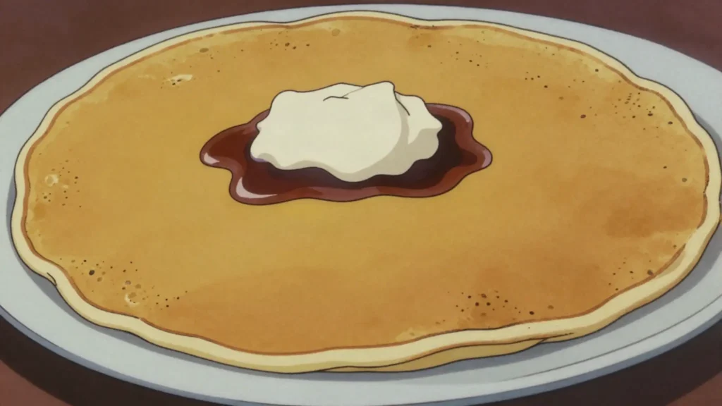 Chebab, thin saffron pancakes cooked on a hot plate, eaten with cream and date syrup, Kuwait breakfast, anime style
