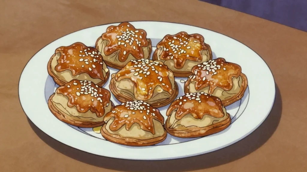 Chebakia, sesame-coated flower-shaped pastry fried and glazed with honey; Ramadan essential, Morocco dessert, anime style