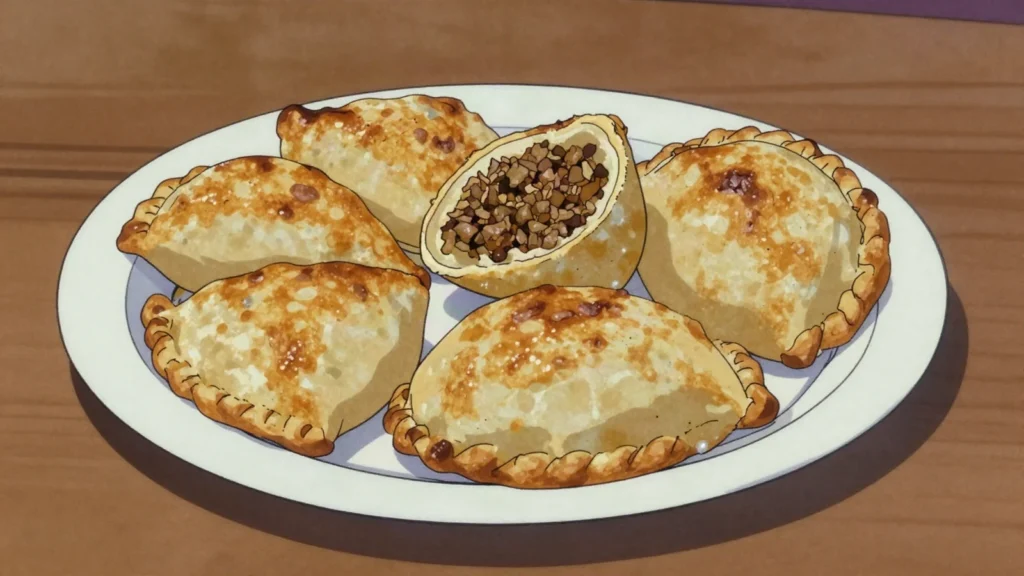 Chebureki, large half-moon turnovers of thin dough filled with minced lamb, fried, Ukraine street food, anime style
