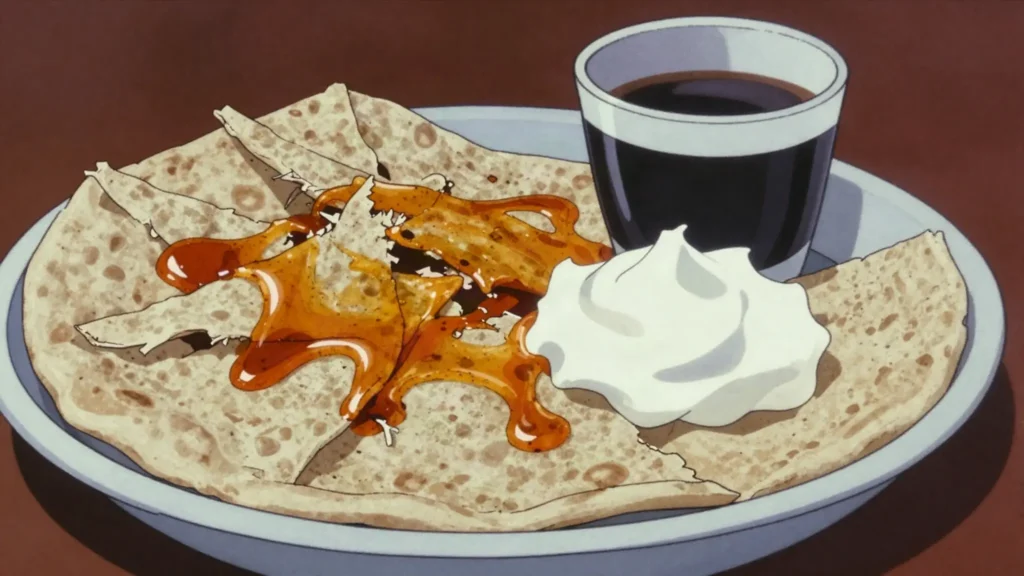 Chechebsa, shredded flatbread fried with berbere and clarified butter, honey optional, Ethiopia breakfast, anime style