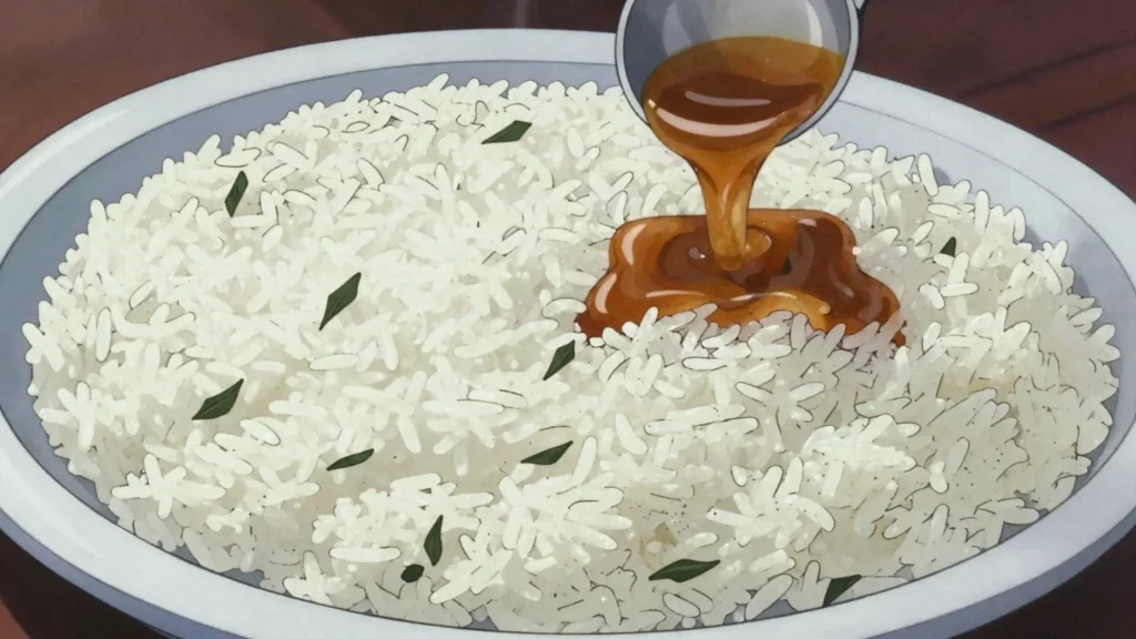 Check rice, rice cooked flecked with greens, eaten under gravies, Liberia salad & side, anime style