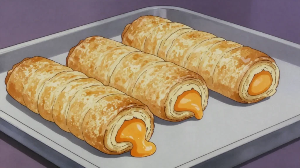 Cheese roll, flaky pastry roll filled with sharp cheddar, eaten warm, Guyana snack, anime style