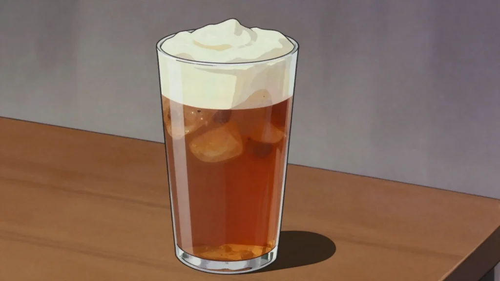 Cheese Tea, iced tea capped with a salted whipped cream-cheese foam, sipped through the lid, Taiwan drink, anime style