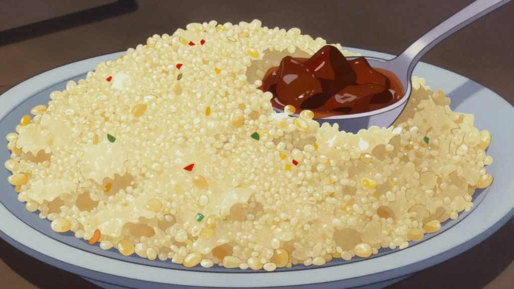 Chenchén, cracked corn steamed with coconut milk until fluffy, served with, Dominican Republic salad & side, anime style