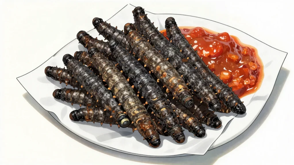 Chenilles, forest caterpillars fried crisp or dried and dropped into sauces, Gabon snack, anime style