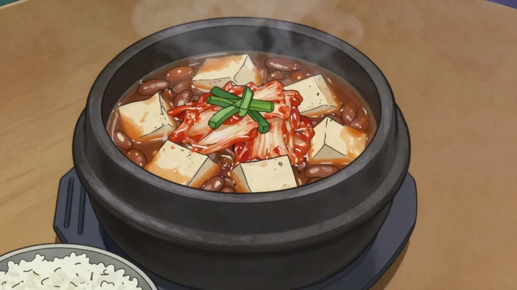 Cheonggukjang, fast-fermented whole soybean paste, sticky and pungent, South Korea fermented & pickled, anime style