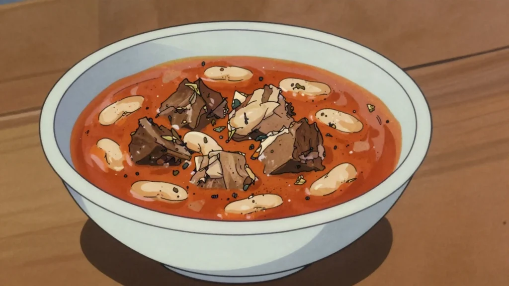 Cherchem, cracked wheat cooked with beans and mutton and scented with dried herbs, Mauritania main, anime style